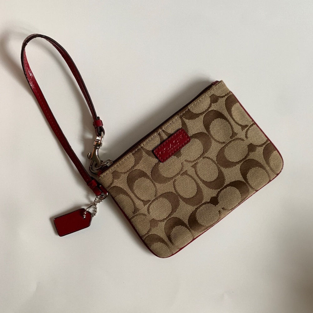 NWOT Coach Small Wristlet in Signature Canvas and Red Leather